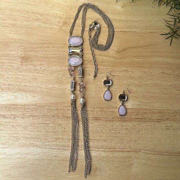 Vintage CHICO'S Necklace Earrings‎ Two Tone Pale Pink Crystal Long Tassel 23" - Picture 1 of 11